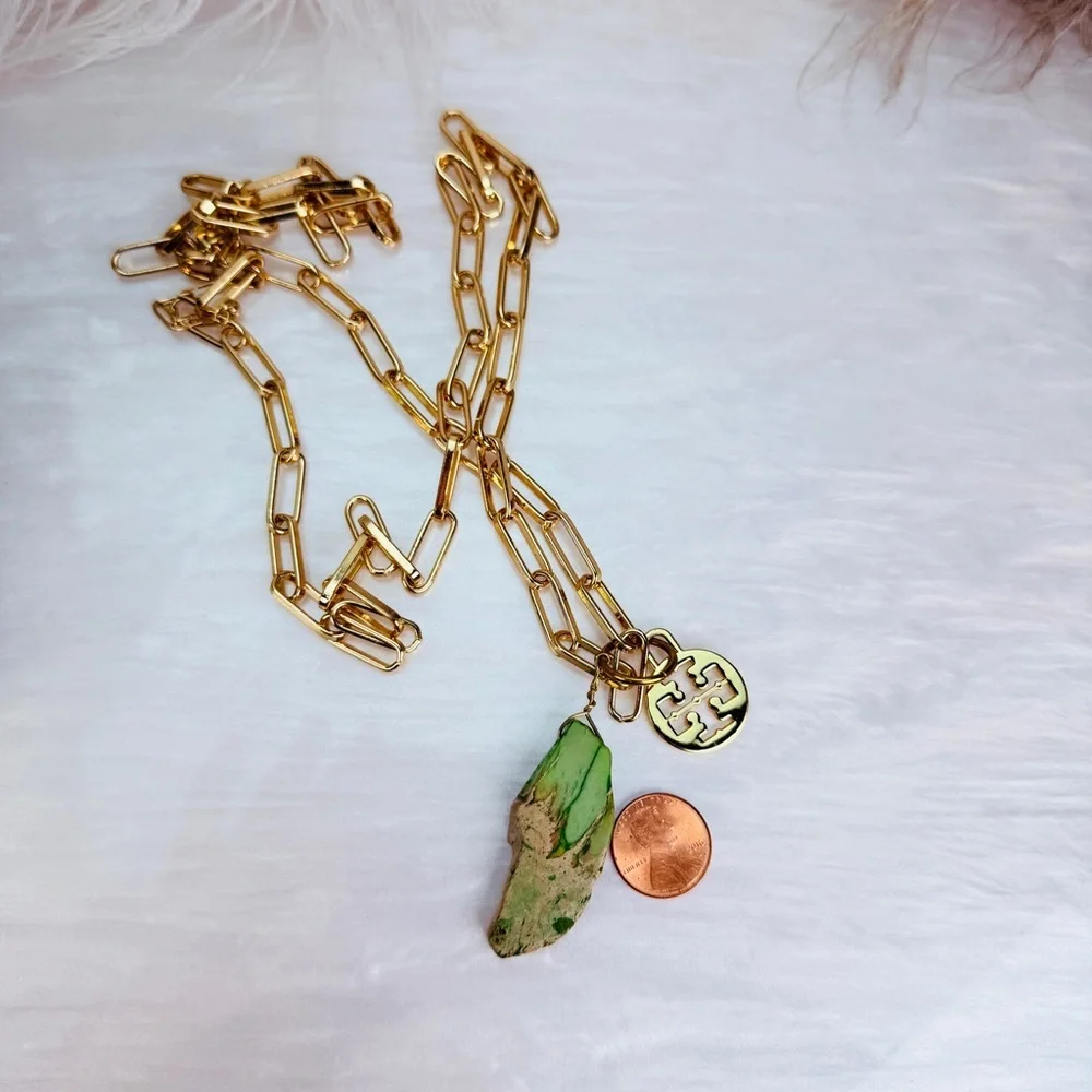 Goldtone chunky chain green statement stone and a Tory Burch charm 34” necklace